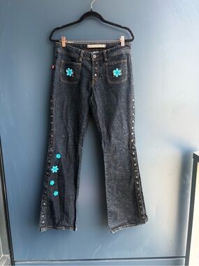 Vintage Parasuco Diamond Y2K Flare Jeans Snap-Side Floral Embroidery